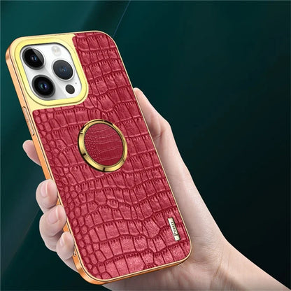 For iPhone 16 Pro Case Crocodile Texture Leather+TPU Electroplating Phone Cover with Ring Kickstand