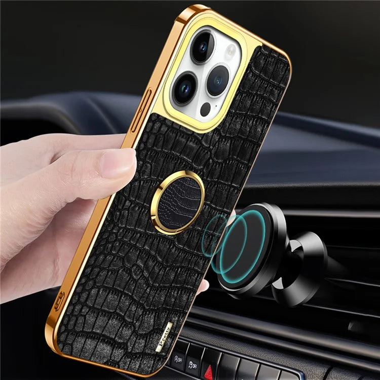 For iPhone 16 Pro Case Crocodile Texture Leather+TPU Electroplating Phone Cover with Ring Kickstand