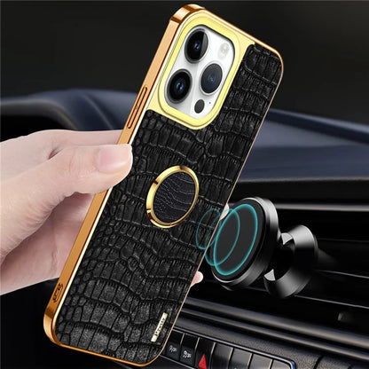 For iPhone 16 Pro Case Crocodile Texture Leather+TPU Electroplating Phone Cover with Ring Kickstand