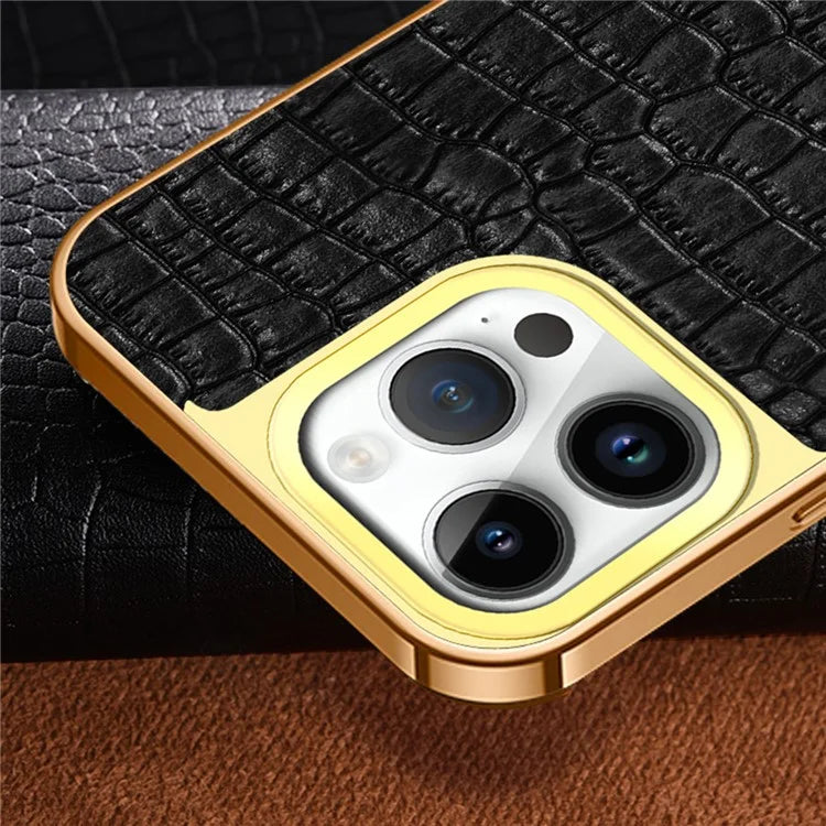 For iPhone 16 Pro Case Crocodile Texture Leather+TPU Electroplating Phone Cover with Ring Kickstand
