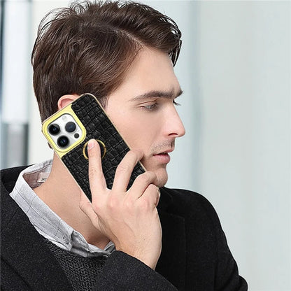 For iPhone 16 Pro Case Crocodile Texture Leather+TPU Electroplating Phone Cover with Ring Kickstand