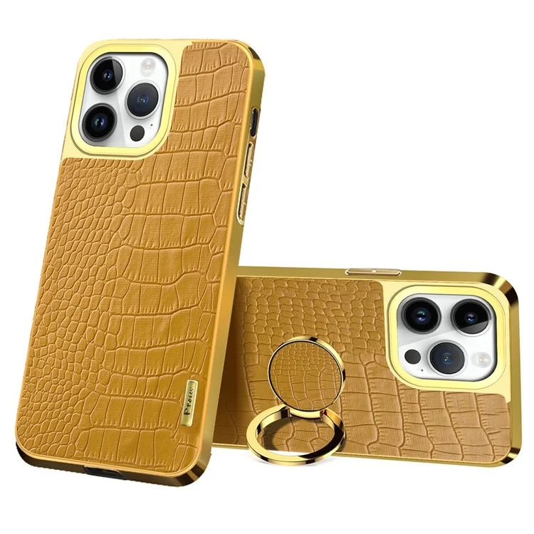 For iPhone 16 Pro Case Crocodile Texture Leather+TPU Electroplating Phone Cover with Ring Kickstand