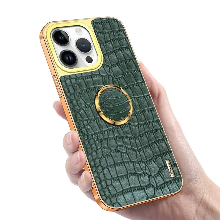 For iPhone 16 Pro Case Crocodile Texture Leather+TPU Electroplating Phone Cover with Ring Kickstand