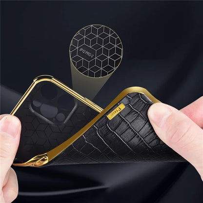 For iPhone 16 Pro Case Crocodile Texture Leather+TPU Electroplating Phone Cover with Ring Kickstand