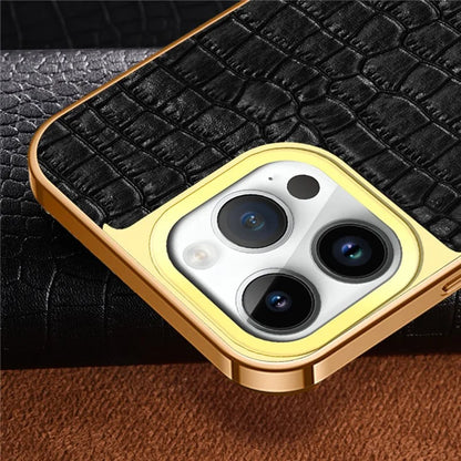 For iPhone 16 Pro Case Crocodile Texture Leather+TPU Electroplating Phone Cover with Ring Kickstand