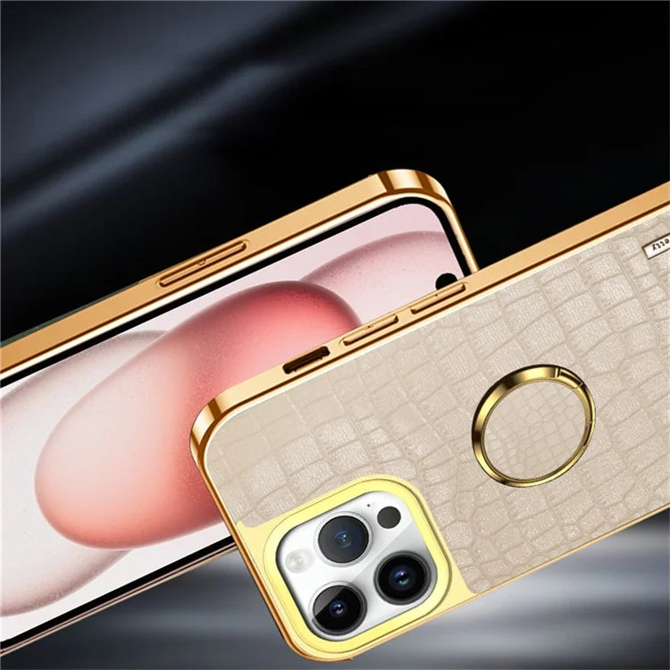 For iPhone 16 Pro Case Crocodile Texture Leather+TPU Electroplating Phone Cover with Ring Kickstand