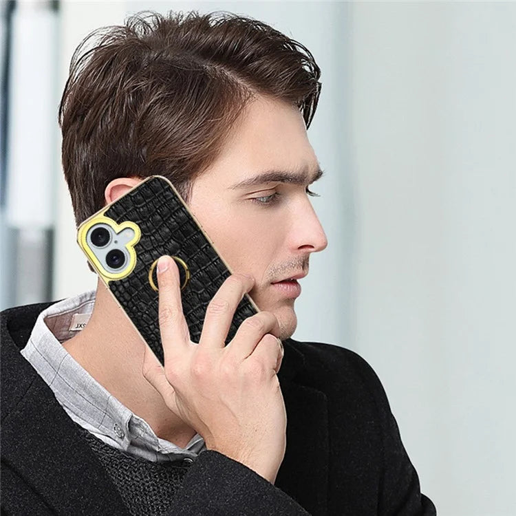 For iPhone 16 Plus Case Crocodile Texture Leather+TPU Electroplating Phone Cover with Ring Kickstand