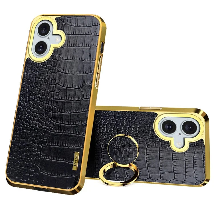 For iPhone 16 Plus Case Crocodile Texture Leather+TPU Electroplating Phone Cover with Ring Kickstand