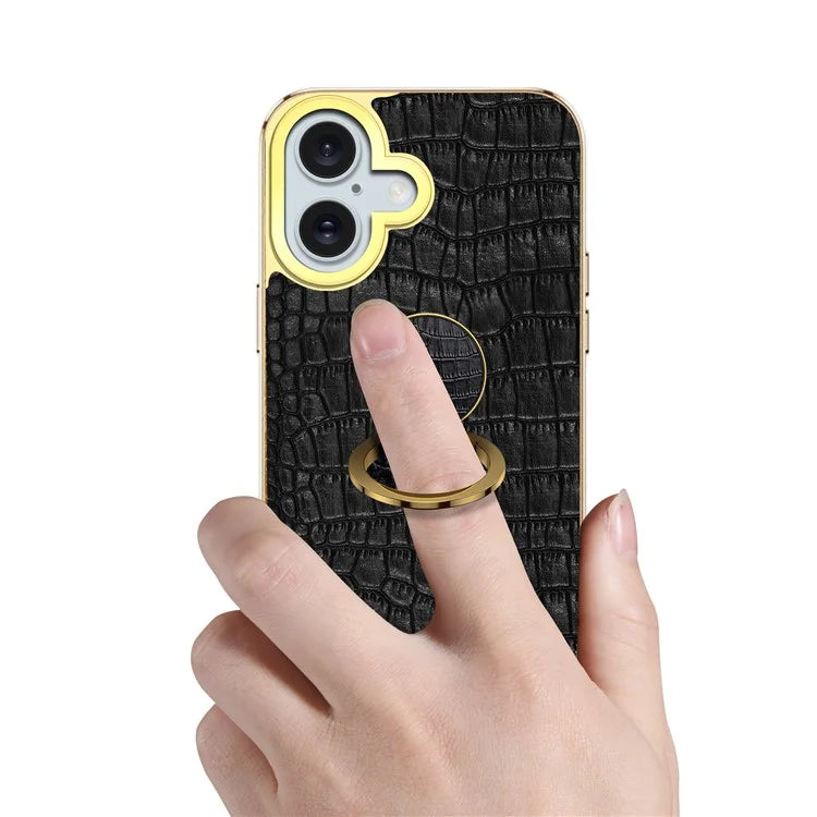 For iPhone 16 Plus Case Crocodile Texture Leather+TPU Electroplating Phone Cover with Ring Kickstand