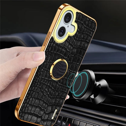 For iPhone 16 Plus Case Crocodile Texture Leather+TPU Electroplating Phone Cover with Ring Kickstand