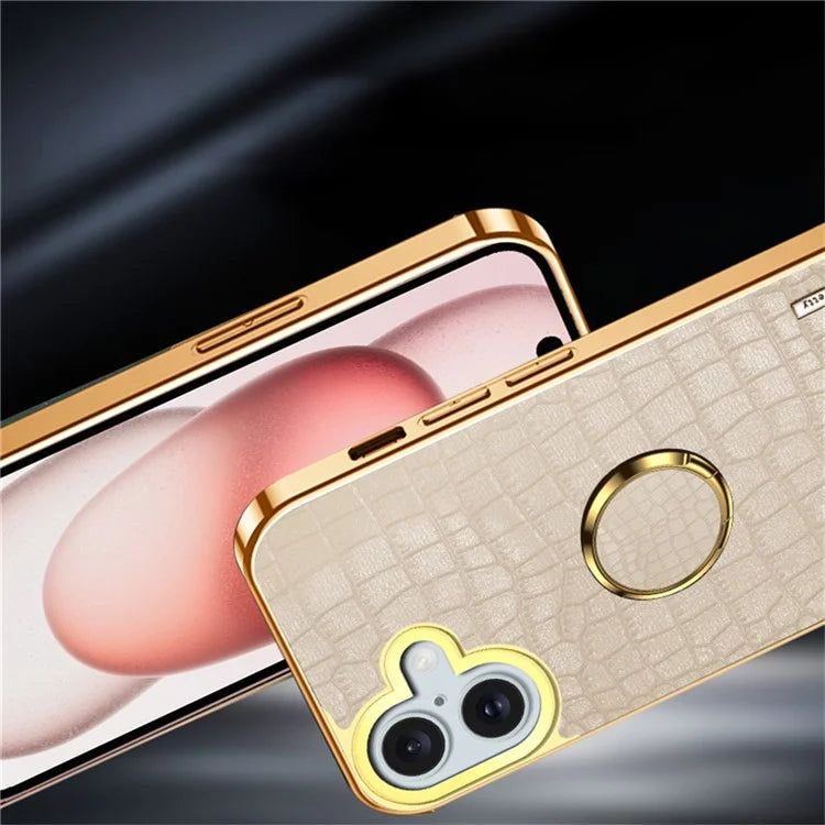 For iPhone 16 Plus Case Crocodile Texture Leather+TPU Electroplating Phone Cover with Ring Kickstand
