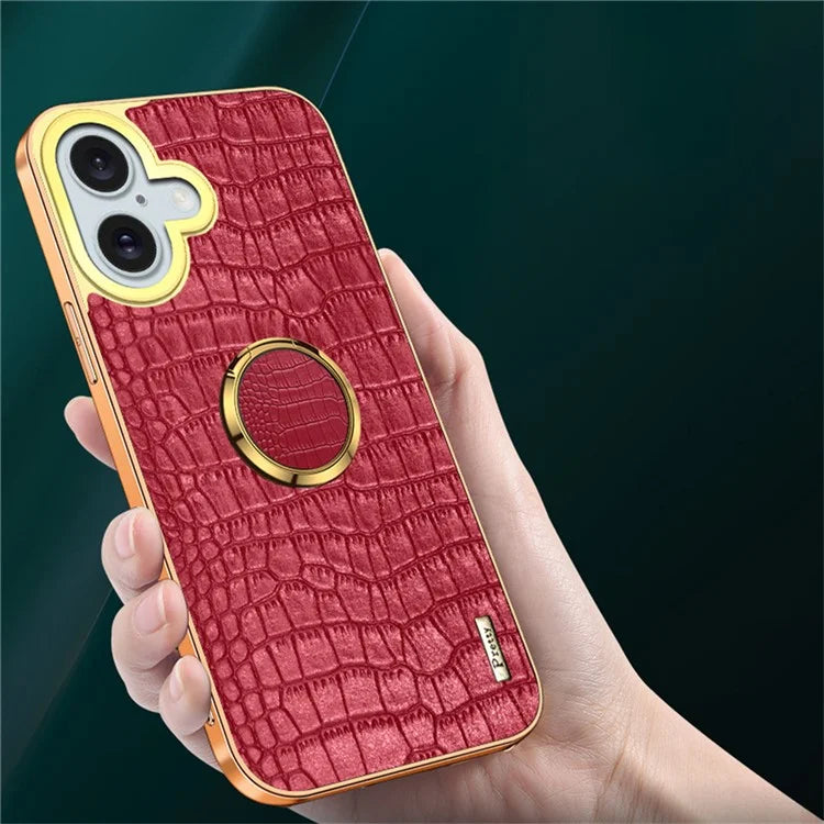 For iPhone 16 Plus Case Crocodile Texture Leather+TPU Electroplating Phone Cover with Ring Kickstand