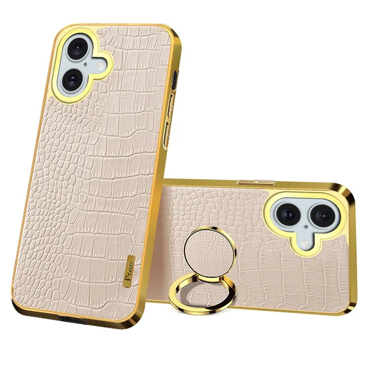 For iPhone 16 Plus Case Crocodile Texture Leather+TPU Electroplating Phone Cover with Ring Kickstand