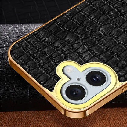 For iPhone 16 Plus Case Crocodile Texture Leather+TPU Electroplating Phone Cover with Ring Kickstand