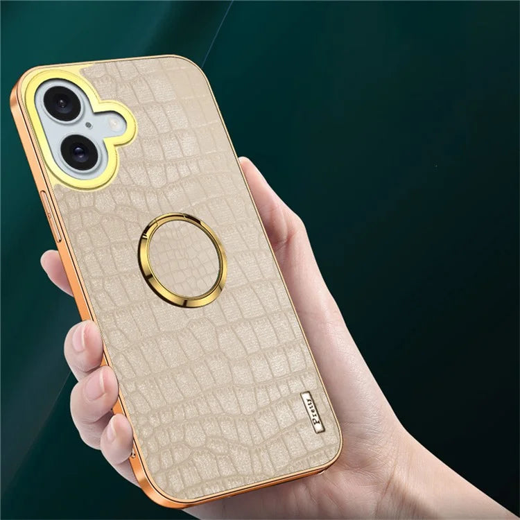 For iPhone 16 Plus Case Crocodile Texture Leather+TPU Electroplating Phone Cover with Ring Kickstand