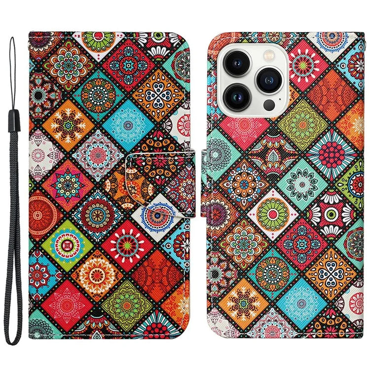 For iPhone 16 Pro Case Pattern Printing Protective Leather Folio Phone Cover