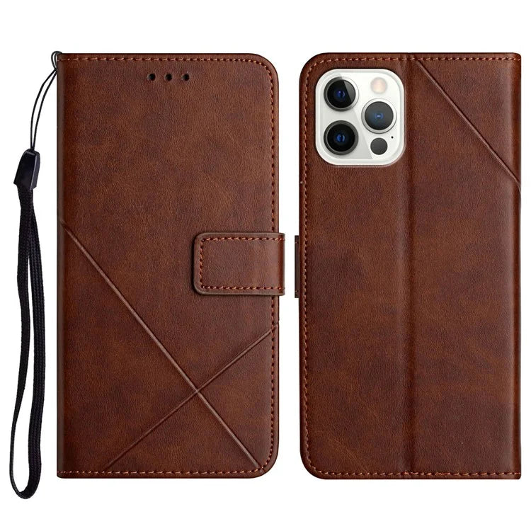 For iPhone 16 Pro Leather Case Line Pattern Wallet Phone Cover