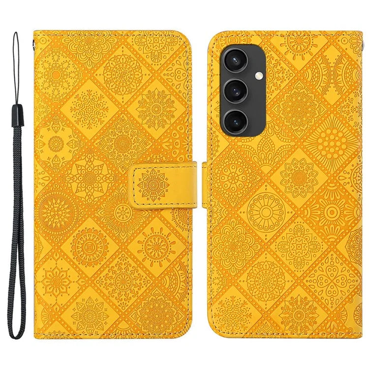For Samsung Galaxy S24 FE Leather Case Ethnic Style Phone Wallet Cover with Strap