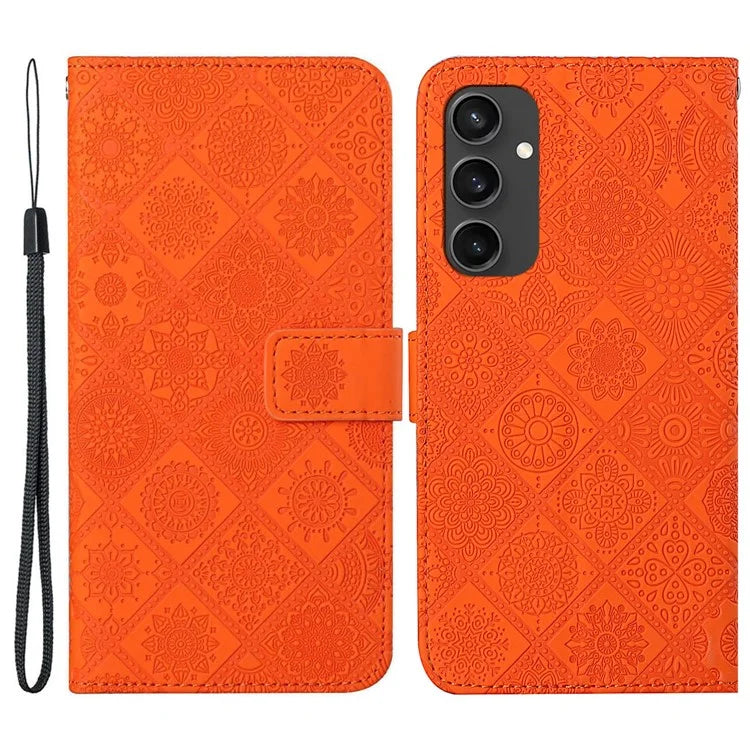 For Samsung Galaxy S24 FE Leather Case Ethnic Style Phone Wallet Cover with Strap
