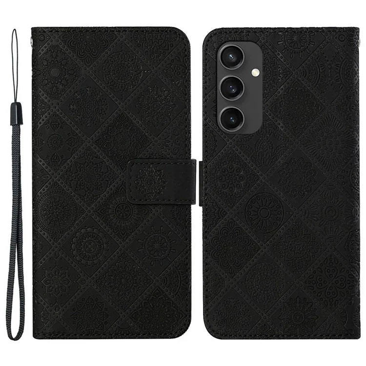 For Samsung Galaxy S24 FE Leather Case Ethnic Style Phone Wallet Cover with Strap