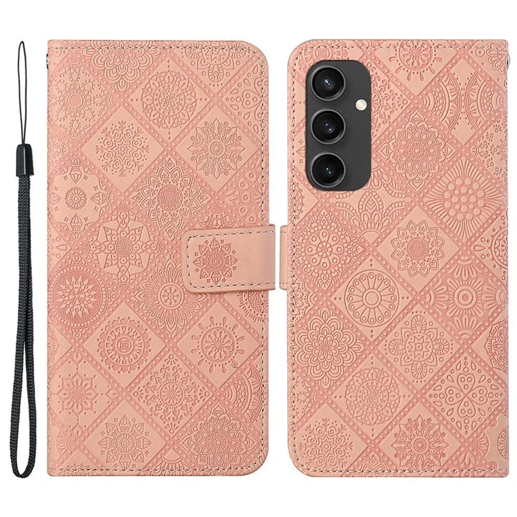 For Samsung Galaxy S24 FE Leather Case Ethnic Style Phone Wallet Cover with Strap