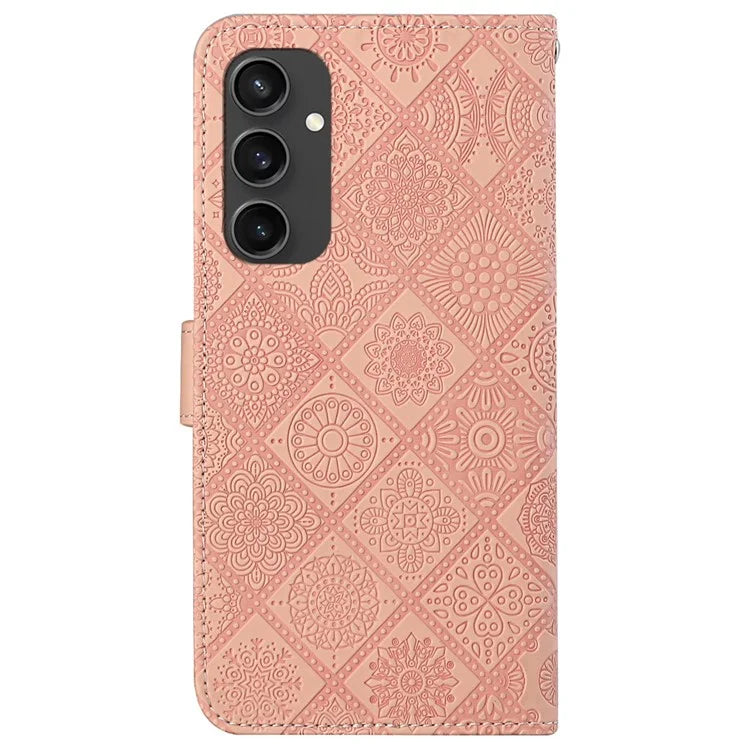 For Samsung Galaxy S24 FE Leather Case Ethnic Style Phone Wallet Cover with Strap