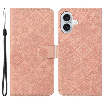 For iPhone 16 Plus Leather Case Ethnic Style Phone Wallet Cover with Strap