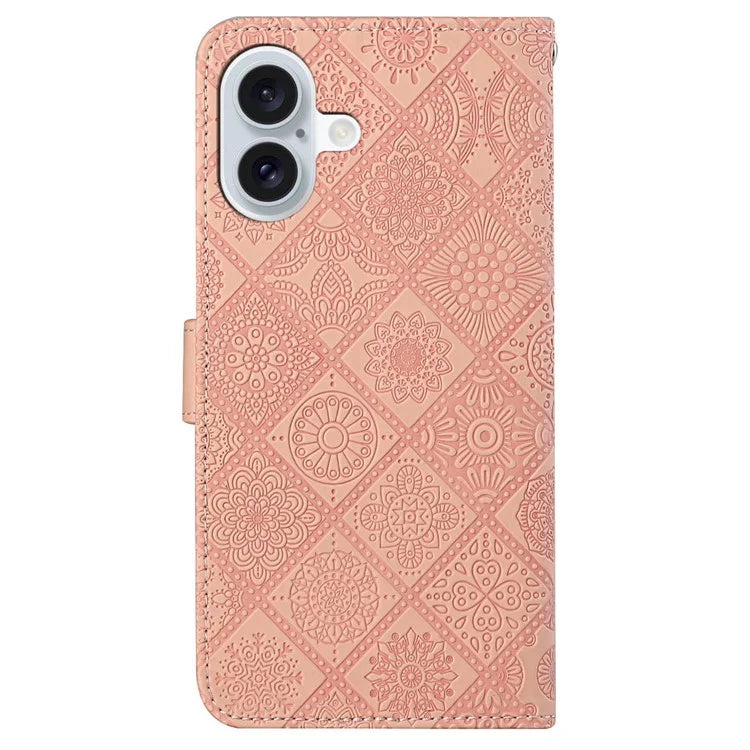 For iPhone 16 Plus Leather Case Ethnic Style Phone Wallet Cover with Strap