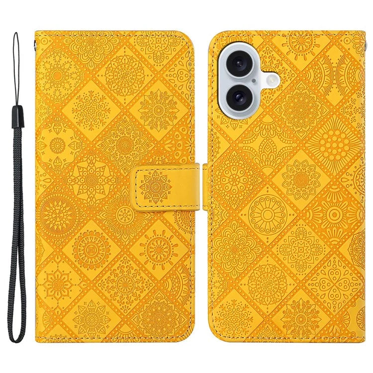 For iPhone 16 Plus Leather Case Ethnic Style Phone Wallet Cover with Strap