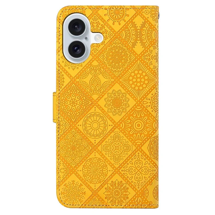 For iPhone 16 Plus Leather Case Ethnic Style Phone Wallet Cover with Strap