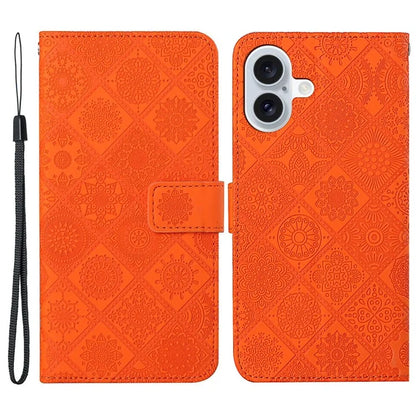 For iPhone 16 Plus Leather Case Ethnic Style Phone Wallet Cover with Strap