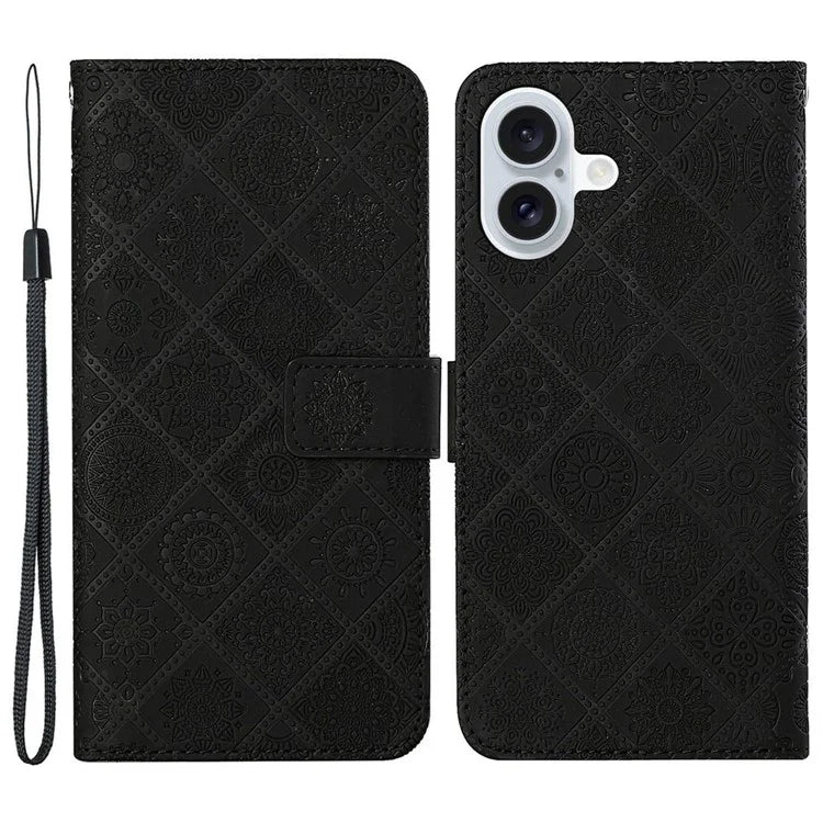 For iPhone 16 Plus Leather Case Ethnic Style Phone Wallet Cover with Strap