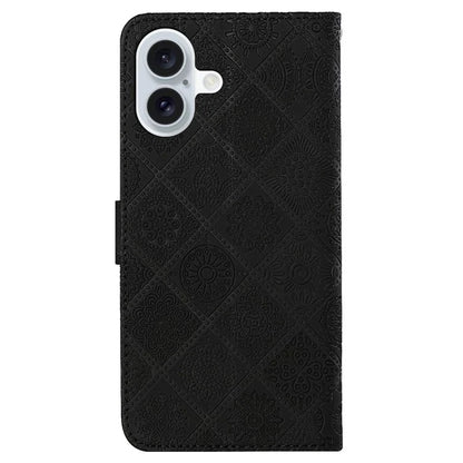 For iPhone 16 Plus Leather Case Ethnic Style Phone Wallet Cover with Strap