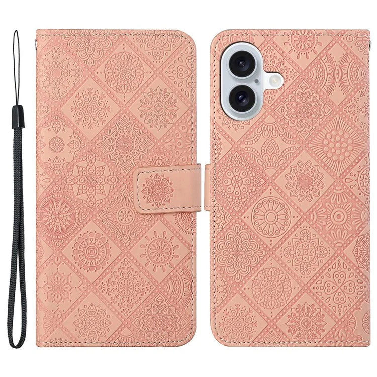 For iPhone 16 Leather Case Ethnic Style Phone Wallet Cover with Strap