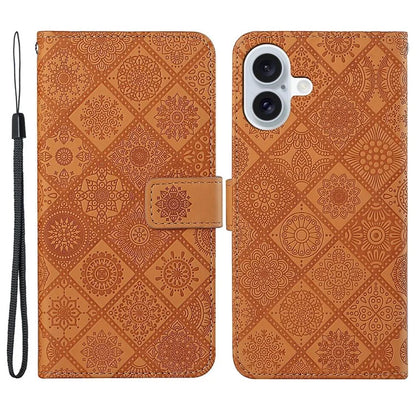 For iPhone 16 Leather Case Ethnic Style Phone Wallet Cover with Strap