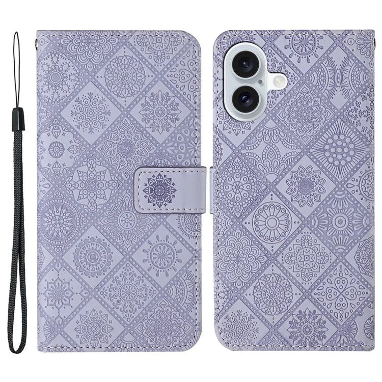 For iPhone 16 Leather Case Ethnic Style Phone Wallet Cover with Strap