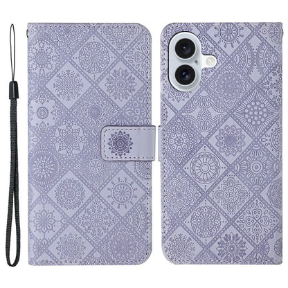 For iPhone 16 Leather Case Ethnic Style Phone Wallet Cover with Strap