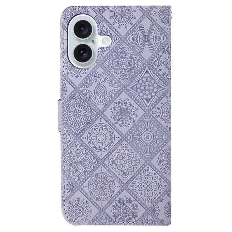 For iPhone 16 Leather Case Ethnic Style Phone Wallet Cover with Strap