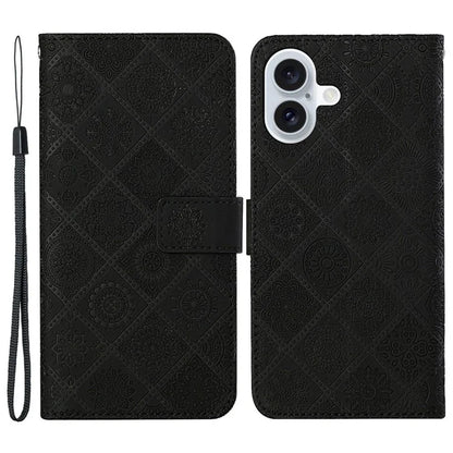 For iPhone 16 Leather Case Ethnic Style Phone Wallet Cover with Strap
