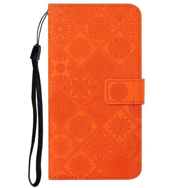 For iPhone 16 Pro Leather Case Ethnic Style Phone Wallet Cover with Strap