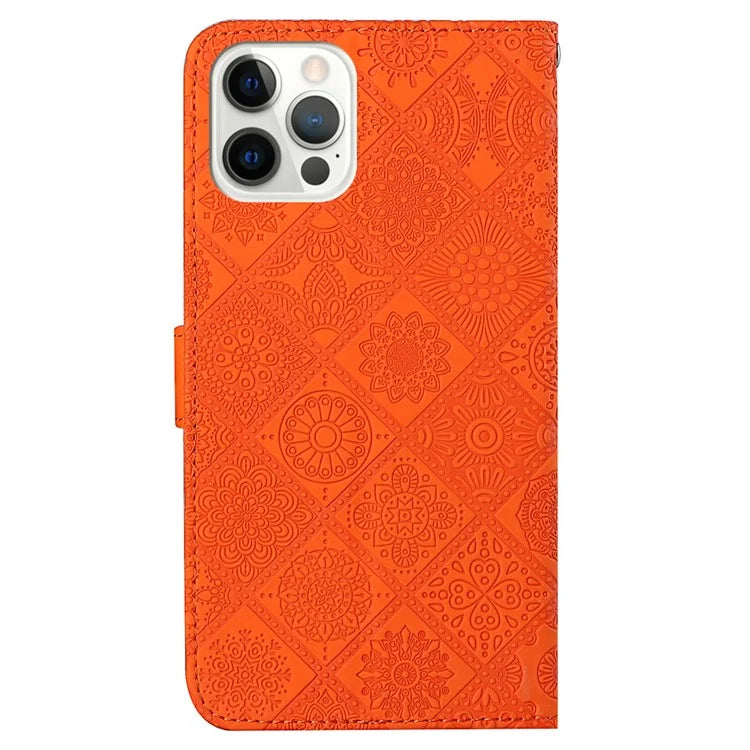 For iPhone 16 Pro Leather Case Ethnic Style Phone Wallet Cover with Strap