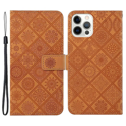For iPhone 16 Pro Leather Case Ethnic Style Phone Wallet Cover with Strap