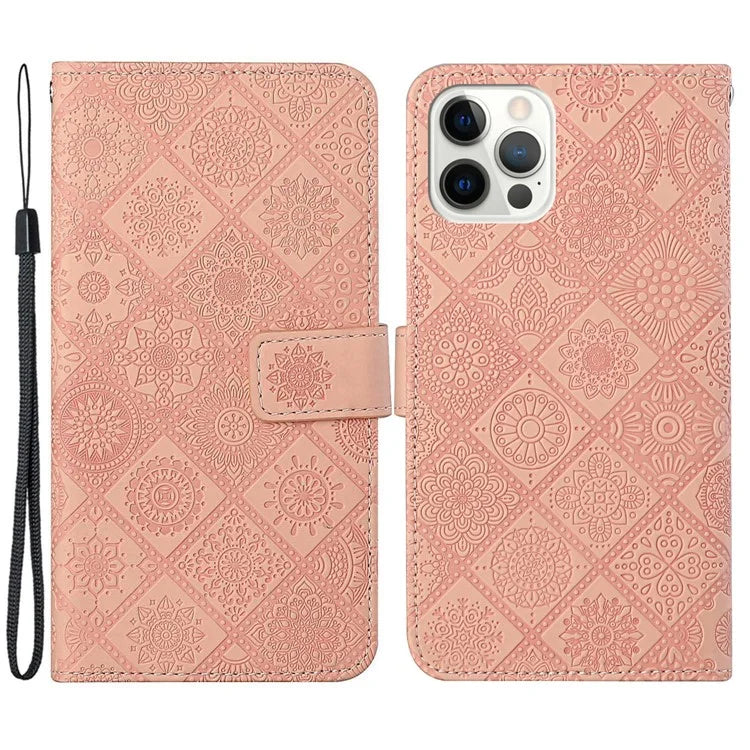 For iPhone 16 Pro Leather Case Ethnic Style Phone Wallet Cover with Strap