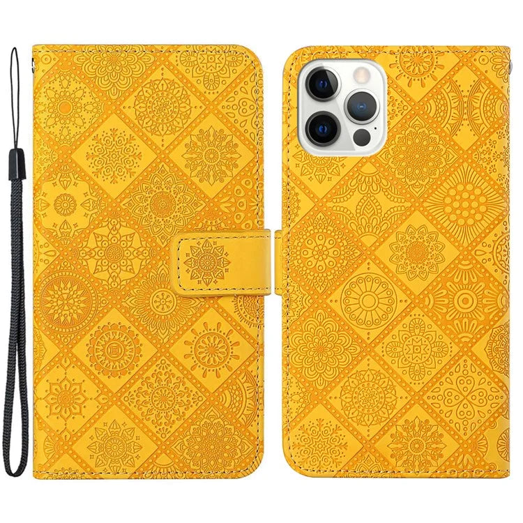 For iPhone 16 Pro Leather Case Ethnic Style Phone Wallet Cover with Strap