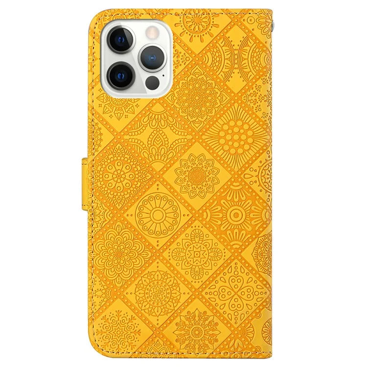 For iPhone 16 Pro Leather Case Ethnic Style Phone Wallet Cover with Strap