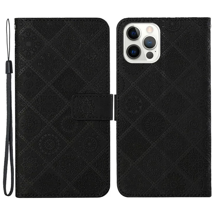 For iPhone 16 Pro Leather Case Ethnic Style Phone Wallet Cover with Strap