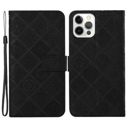 For iPhone 16 Pro Leather Case Ethnic Style Phone Wallet Cover with Strap