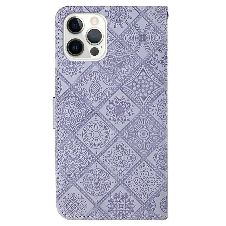 For iPhone 16 Pro Leather Case Ethnic Style Phone Wallet Cover with Strap