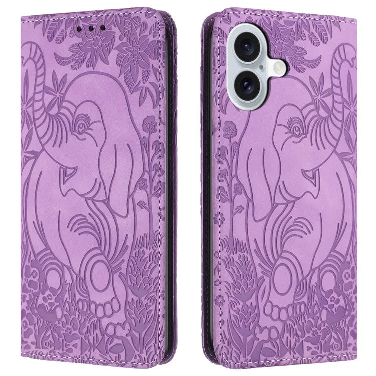 For iPhone 16 Plus Case PU Leather Wallet Phone Cover Elephant Pattern