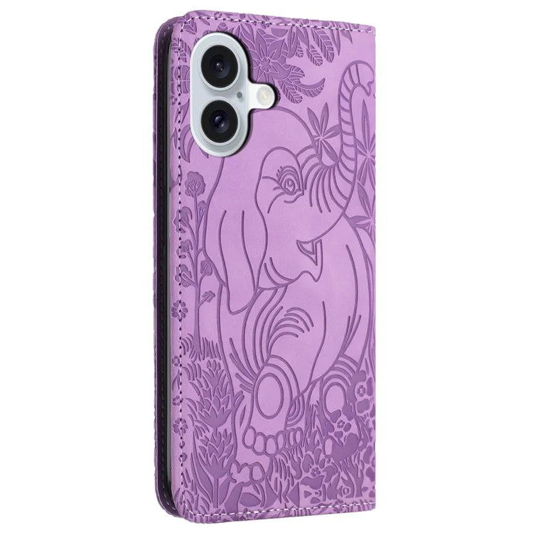For iPhone 16 Plus Case PU Leather Wallet Phone Cover Elephant Pattern